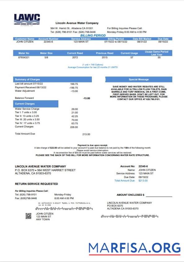 Downloadable USA California Lincoln Avenue Water Company utility bill template in Word and PDF format